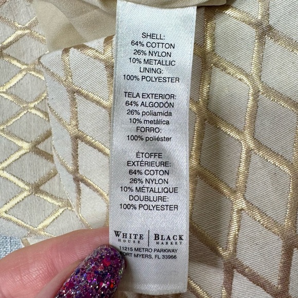 White House Black Market Cream & Gold Metallic Print Fit & Flare Dress Size 16 - Picture 9 of 9